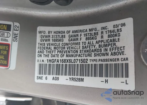 2006 Honda Civic Ex из США, поврежденный, VIN 1HGFA168X6L071502